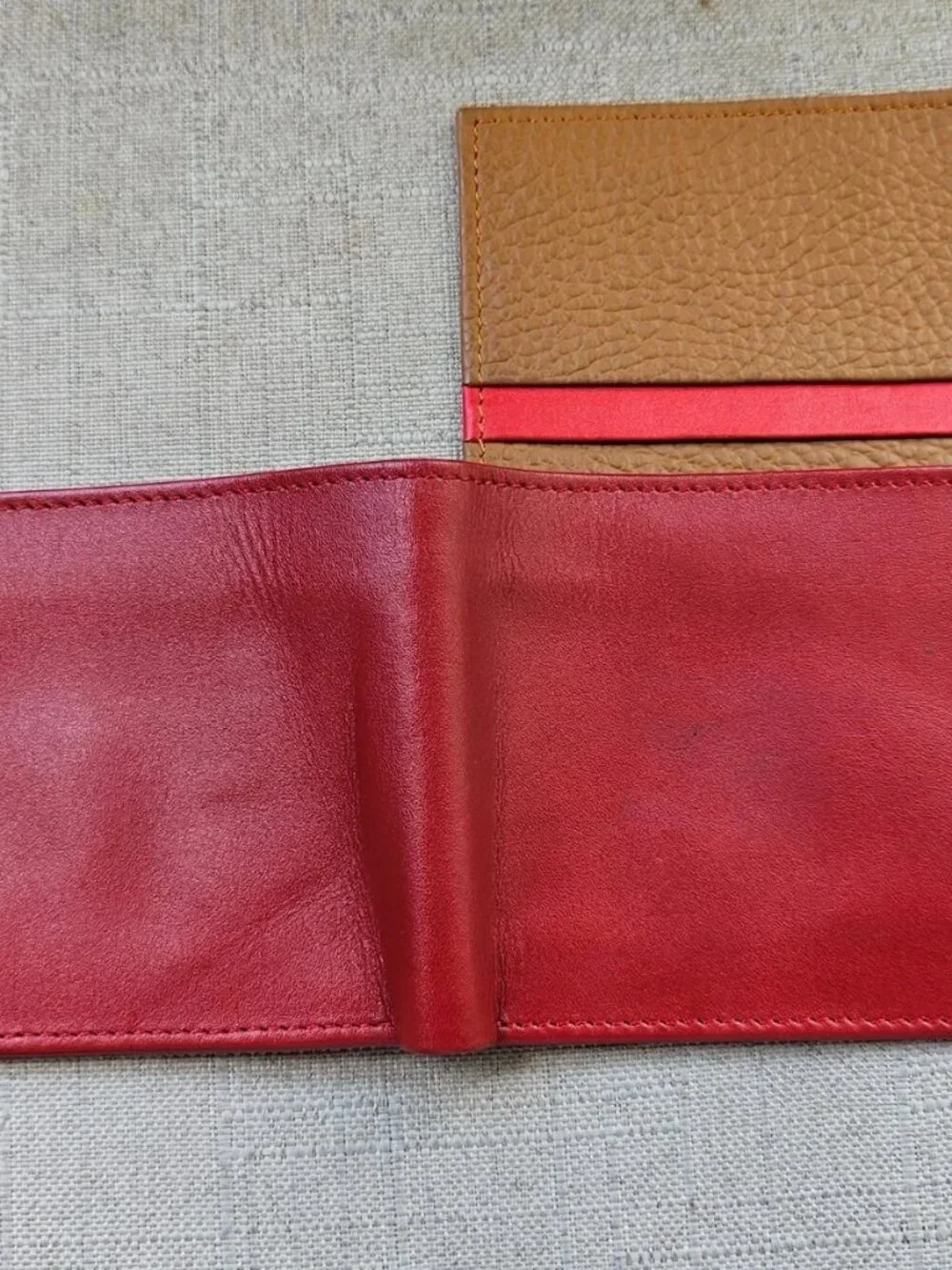 Genuine Leather Wallet Red/Brown Bifold Multiple Compartment for Cards Handmade